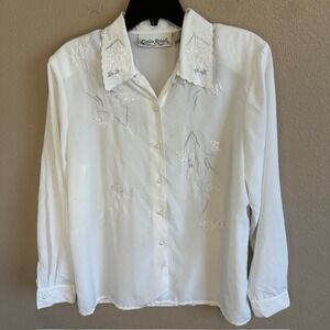 Vintage Claudia Richard Women's White Long Sleeve Embroidered Blouse Size 12